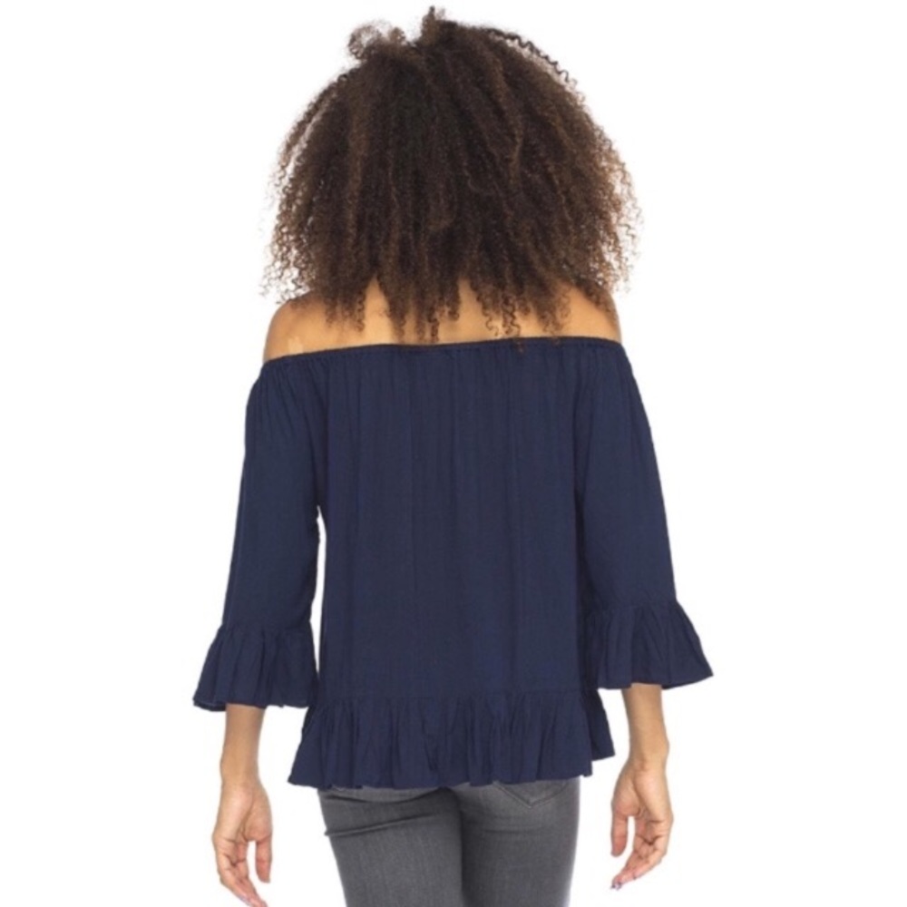 Embroidered Ruffled Hem and Cuffs Off Shoulder Top - Picture 2 of 7